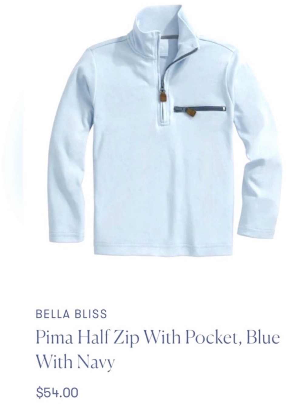 Bella Bliss light blue half zip boys pullover 100% pima cotton